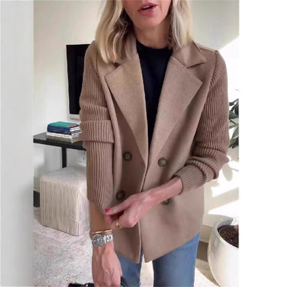 Double Breasted Lapel Coat with Knitted Sleeves