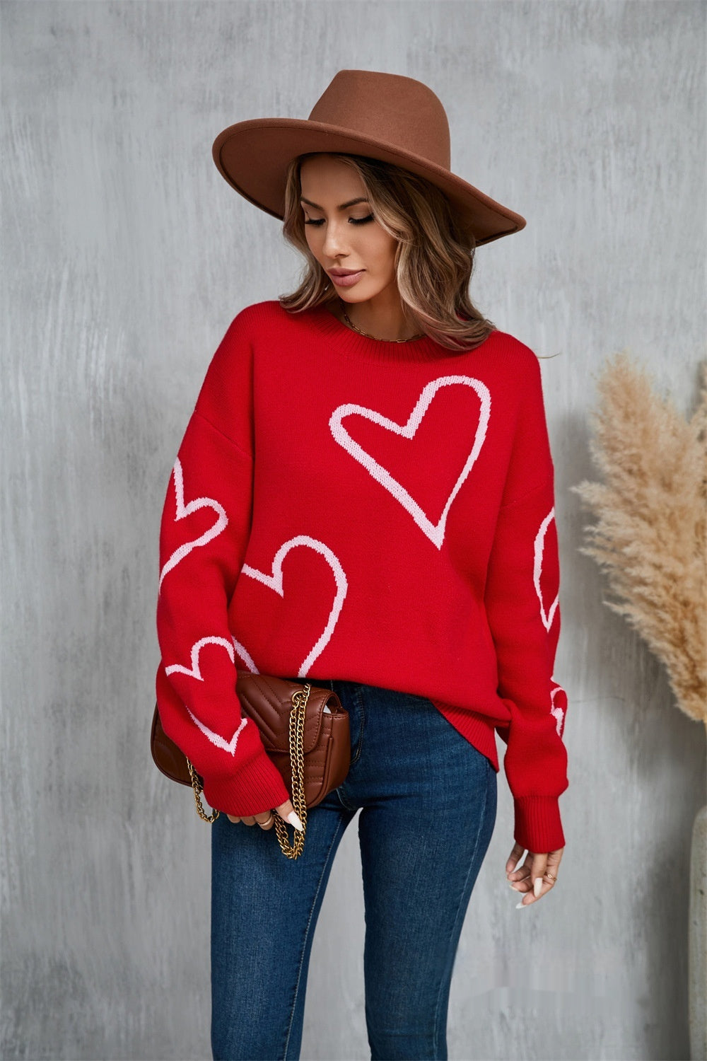 Contrast Heart Knit Pullover