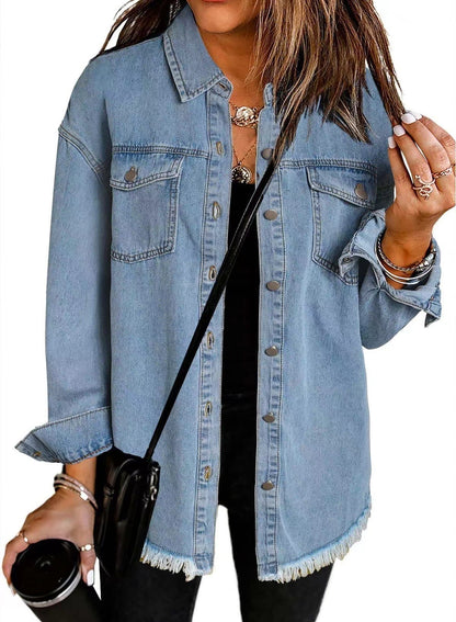 Frayed Hem Washed Denim Jacket