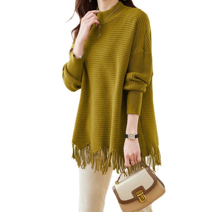 Half-Turtleneck Knit Sweater with Tassel Cape Hem